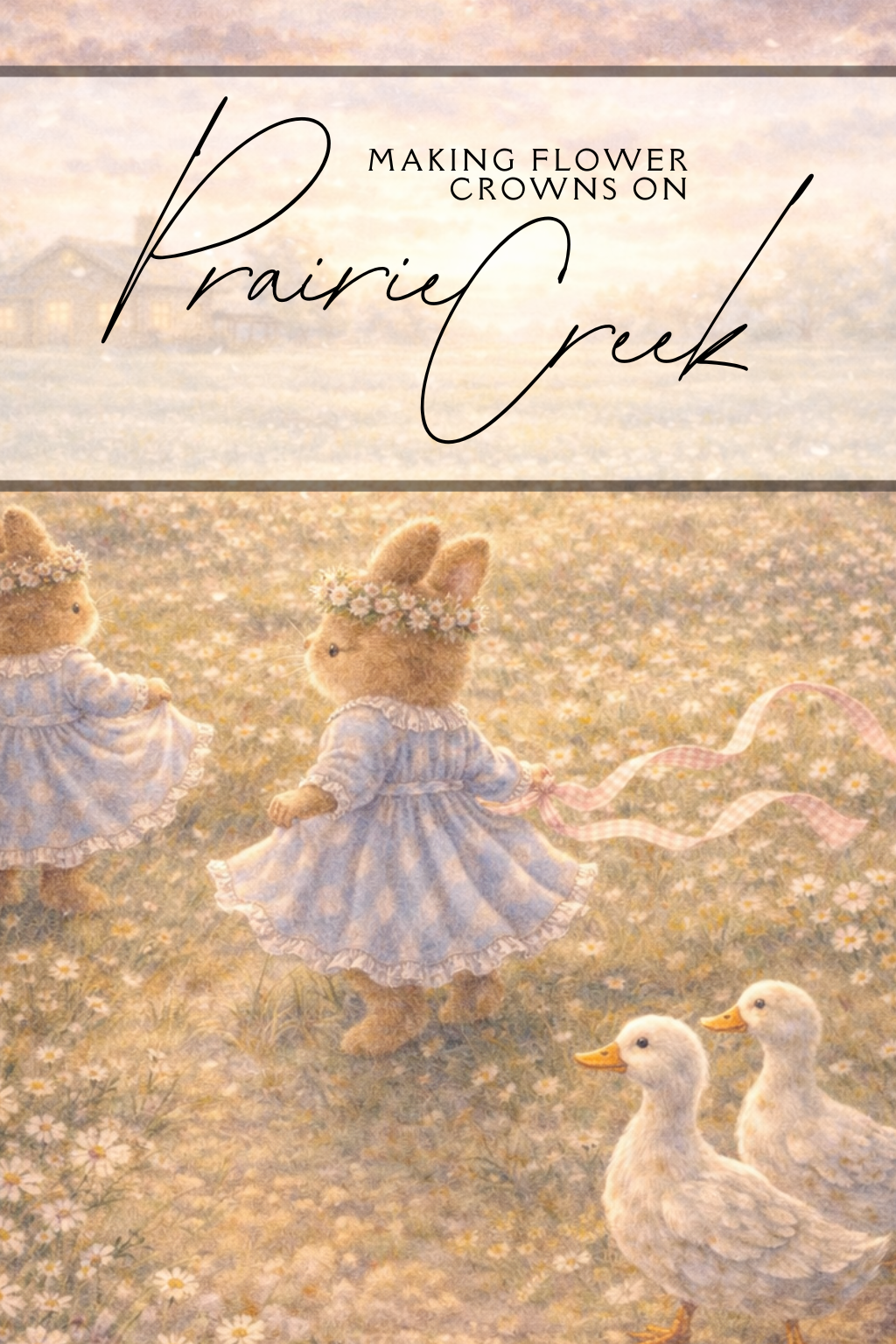 Cover artwork: a young bunny in a blue dress wearing a flower crown, dancing through a wildflower field with a friend and two ducks watching