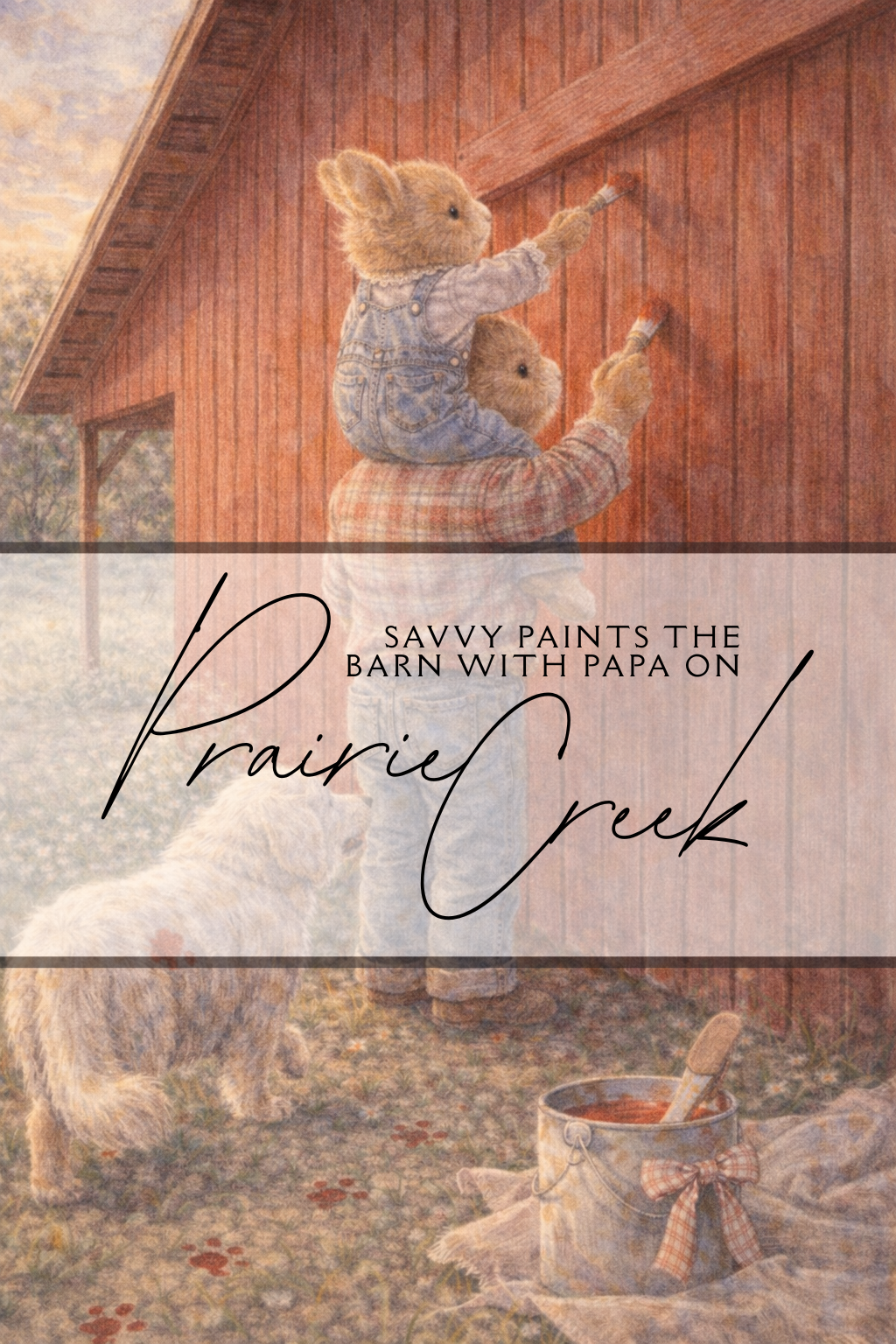 Cover artwork: a small bunny in overalls being held up by Papa Bunny in a flannel shirt, painting the side of a red barn while a Great Pyrenees watches from below